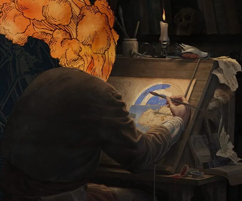 Рисунок художника создающего иллюстрацию с лампой и карандашом на рабочем столе