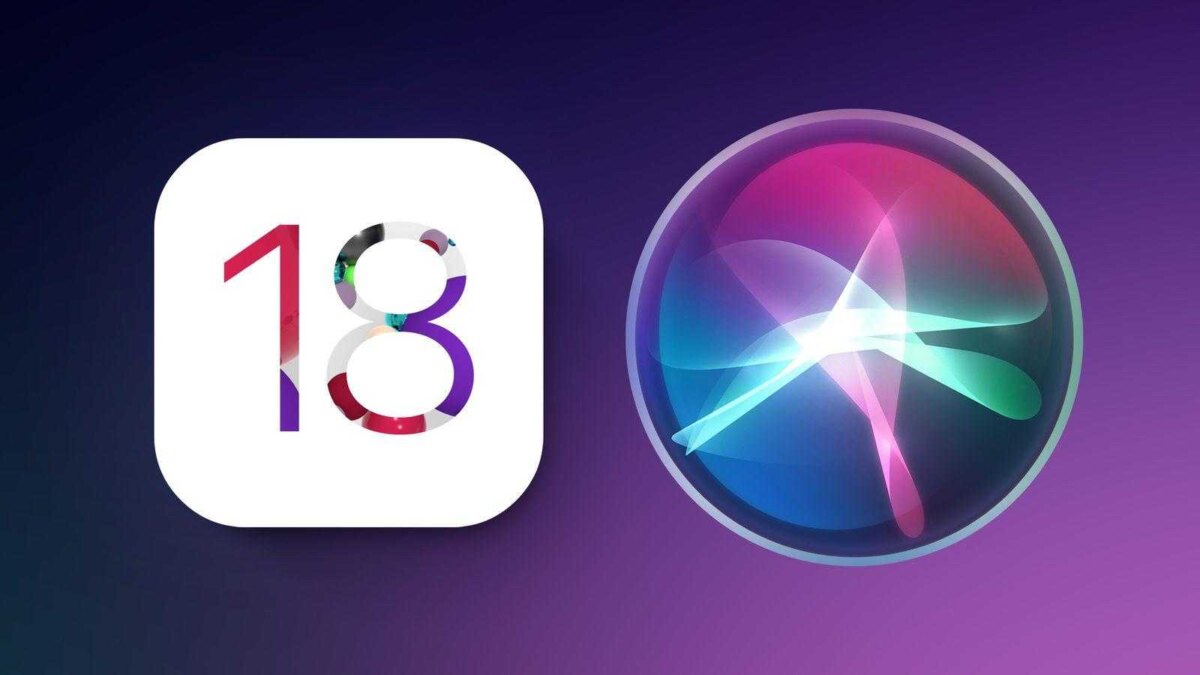 Иконка iOS 18 и логотип Siri на фоне градиентного дисплея