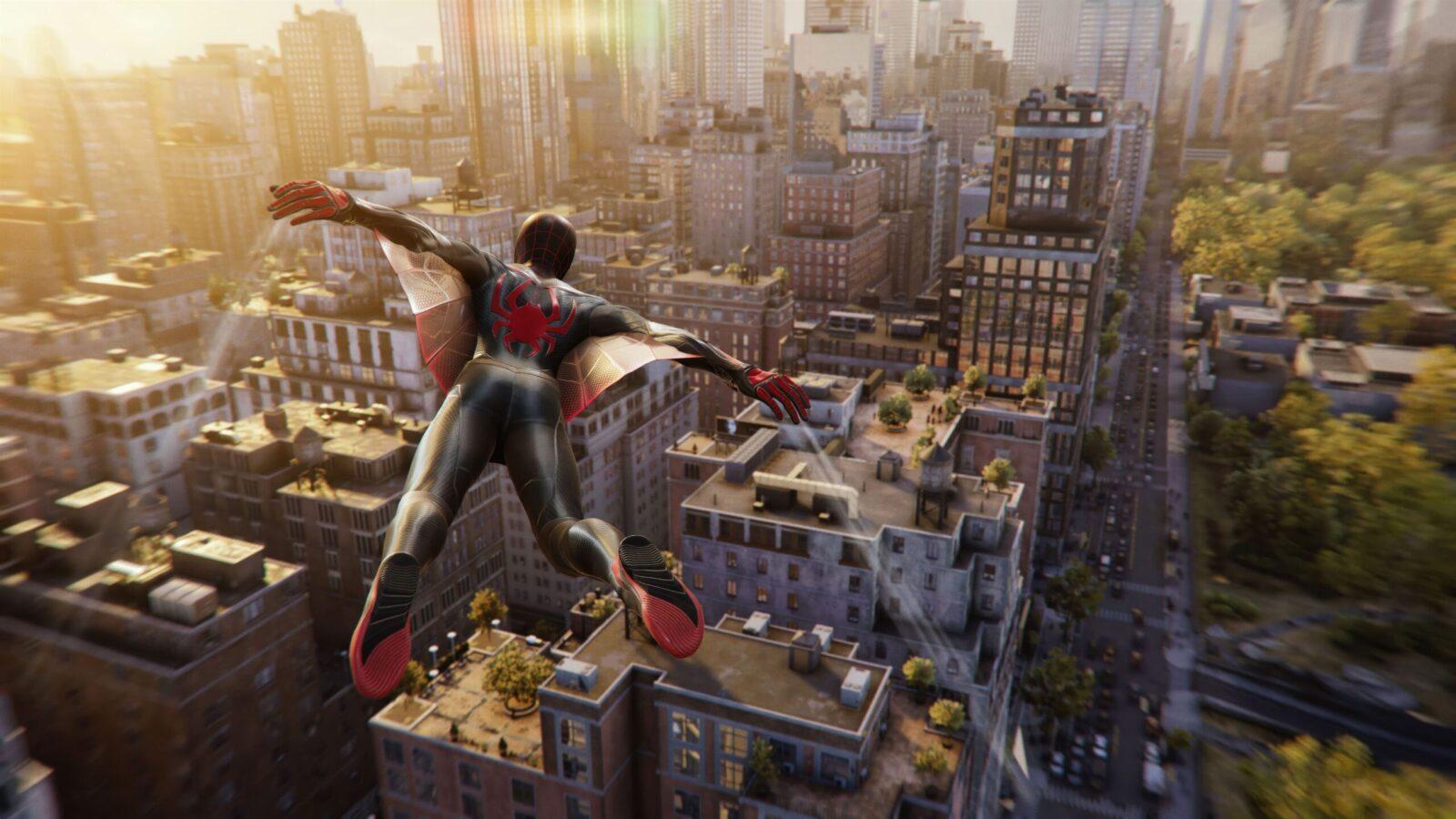 Игры PS5 с лучшей графикой: Часть 1 (marvels spider man 2 flying suit 5k 4096x2304 1 scaled)