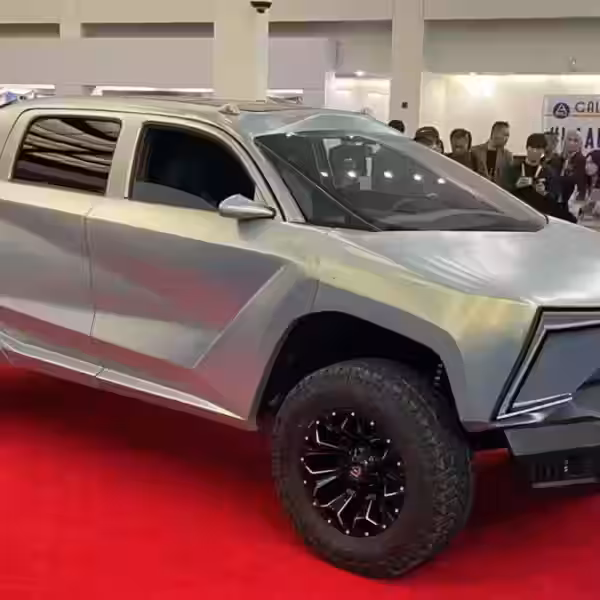 Концептуальный электромобиль Robotruck от Aitekx — электрический грузовик на выставке с металлическим корпусом и большими колесами