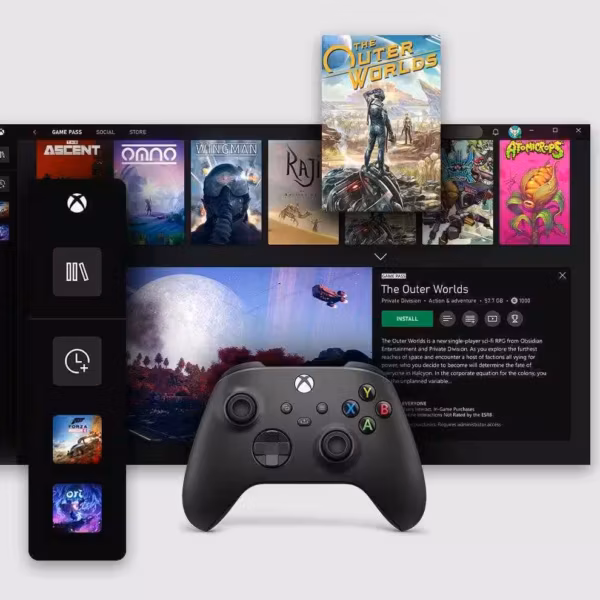 Интерфейс приложения Xbox на компактном игровом ПК с каталогом игр и системными вкладками