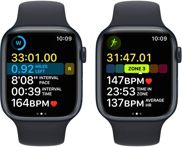 Экран Apple Watch показывающий таймер пульс и зона тренировки