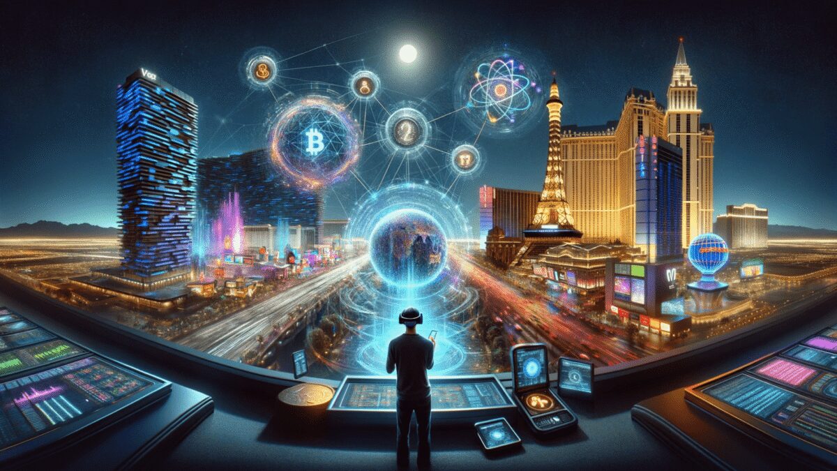 dall·e 2023 12 30 11.30.10 a realistic wide angle depiction of 2023 technology. the scene is set in las vegas with a bustling cityscape illuminated by neon lights. in the cent