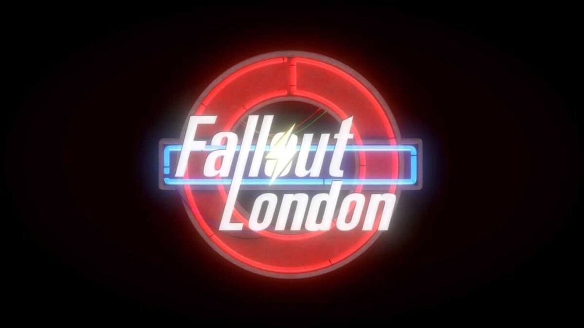Неоновый логотип Fallout London с названием и циркулем на яркой подсветке