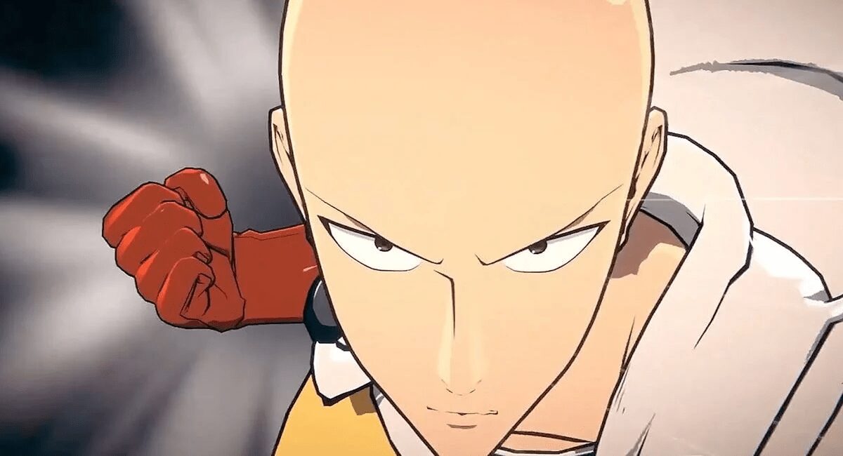 One Punch Man World от Perfect World: крупный план персонажа с бровями, взгляд сверху на камеру