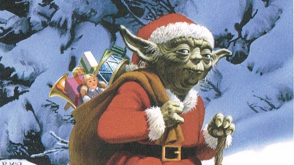 Дед Мороз с мешком и игрушками на фоне зимнего леса