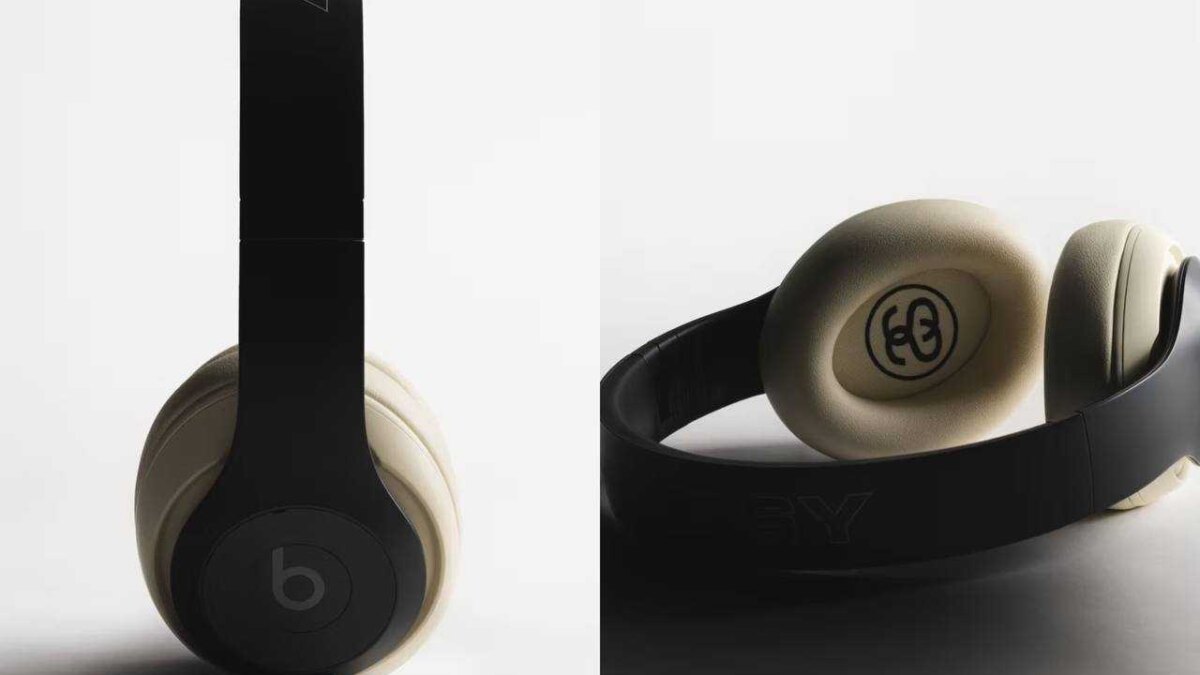 Черные беспроводные наушники Beats Studio Pro с бежевыми амбушюрами из двух ракурсов