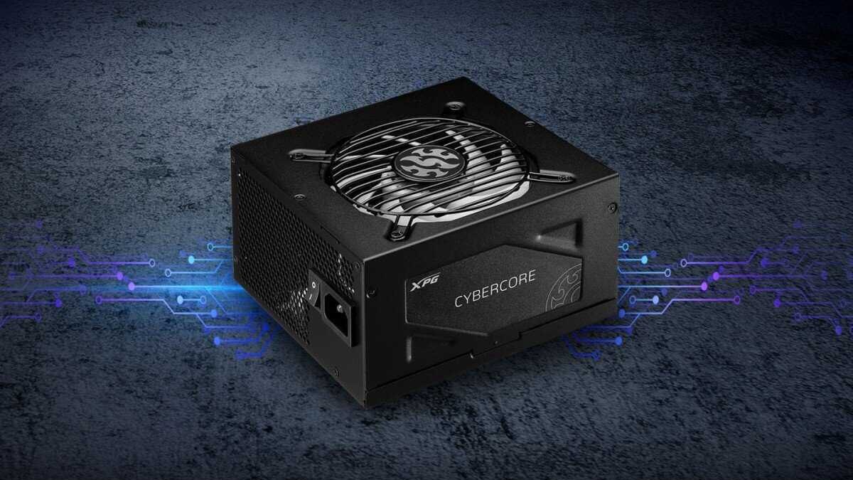 Блок питания XPG Cybercore с вентилятором сверху и кабелями сбоку