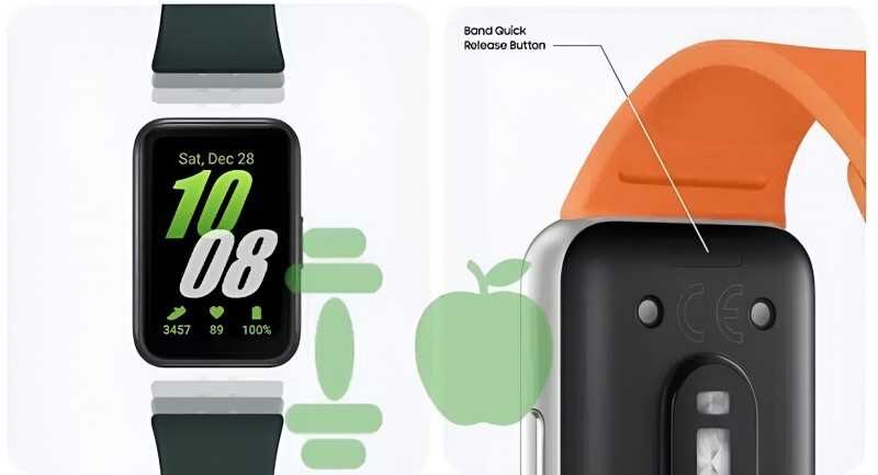 Обратная сторона фитнес-браслета Samsung Galaxy Fit3 с кнопкой быстрого сброса и датчиками