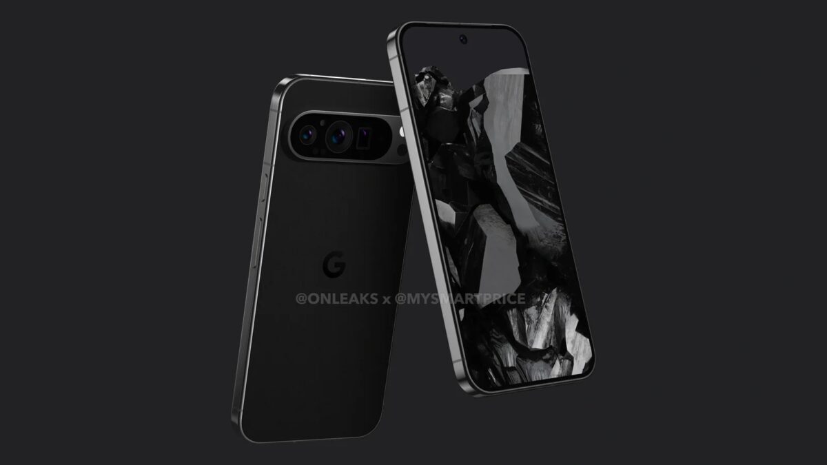 Черный смартфон Google Pixel 9 Pro с тройной камерой и изогнутым дисплеем со стороны задней панели