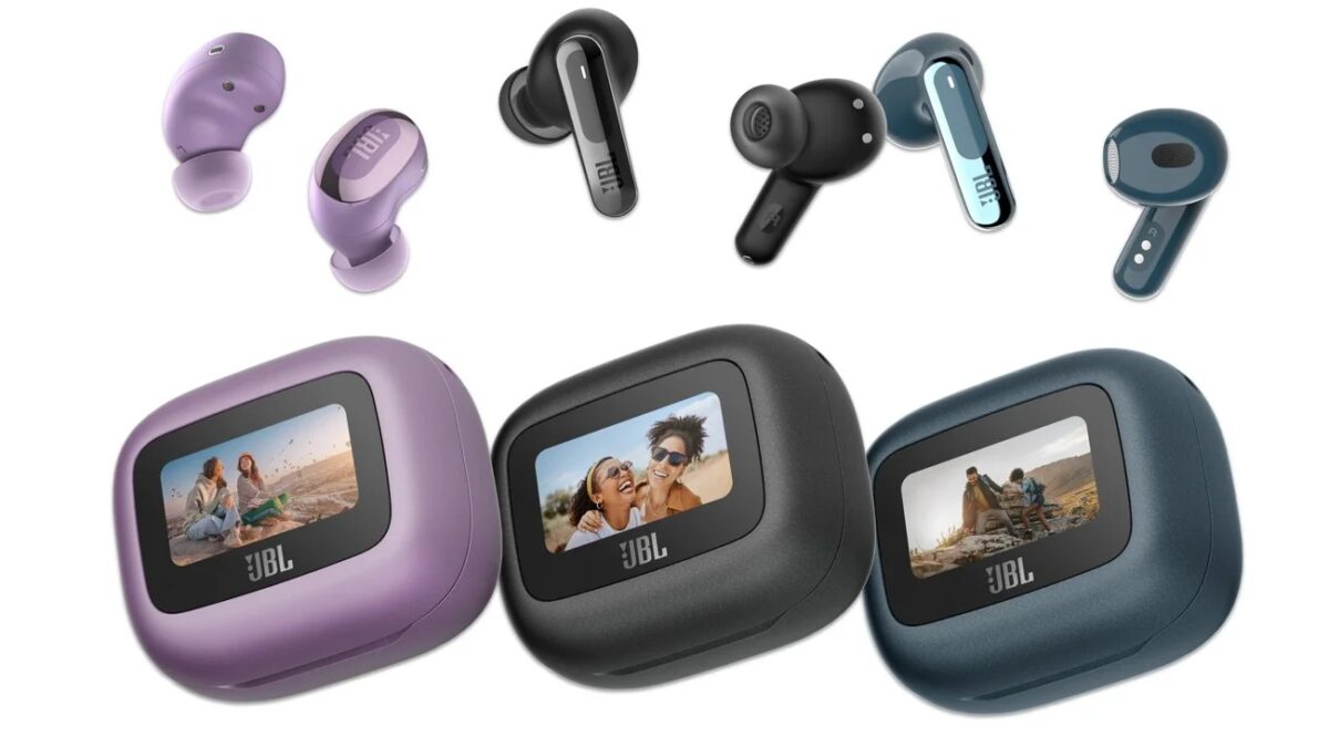 Комплектация наушников JBL Live 3 с зарядными кейсами и наушниками в различных цветах