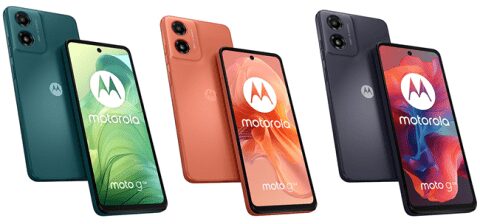 Три смартфона Motorola G04 и G24 в разных цветах, показаны сбоку и спереди дисплей