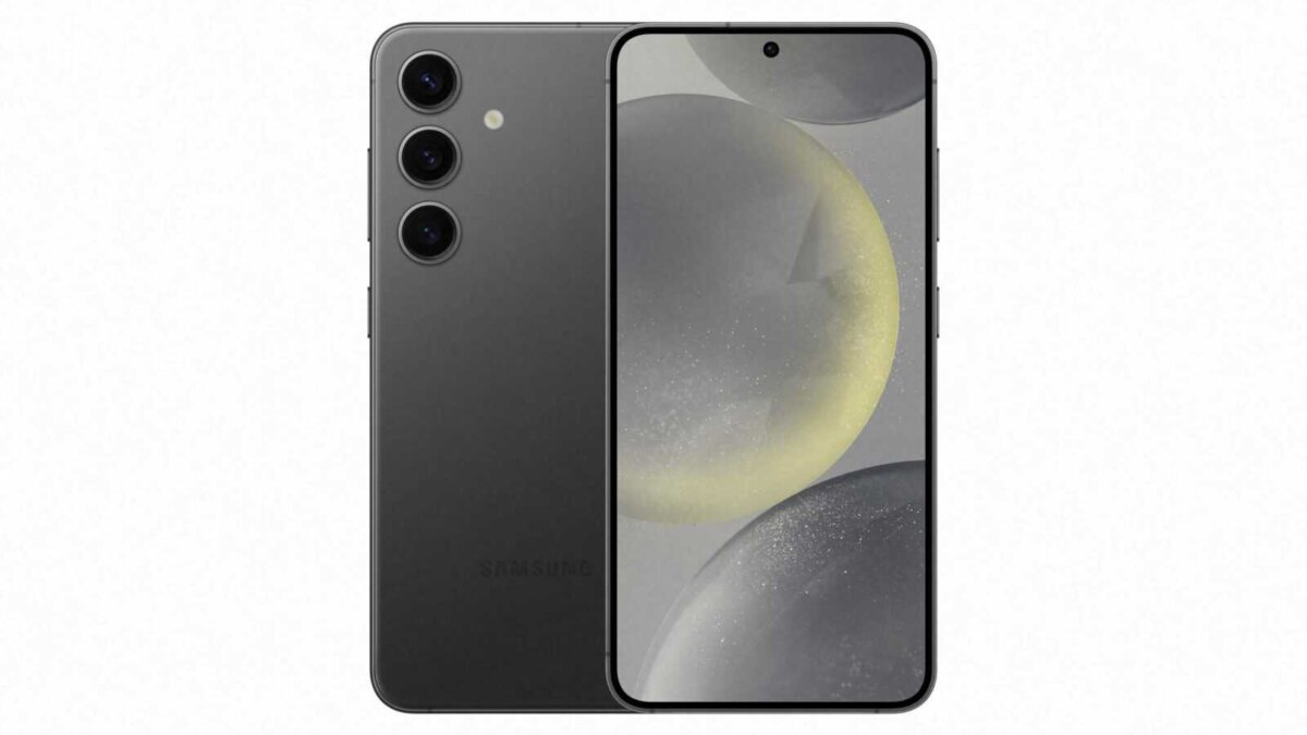 Смартфон Samsung Galaxy S24 с тёмной задней панелью и дисплеем