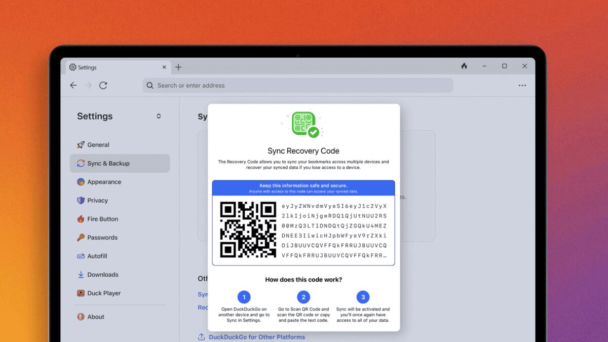 Экран браузера DuckDuckGo с окном синхронизации и QR-кодом