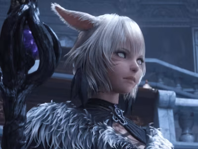 Персонаж Final Fantasy 14 на Xbox Series с белыми волосами и ушами на фоне замка