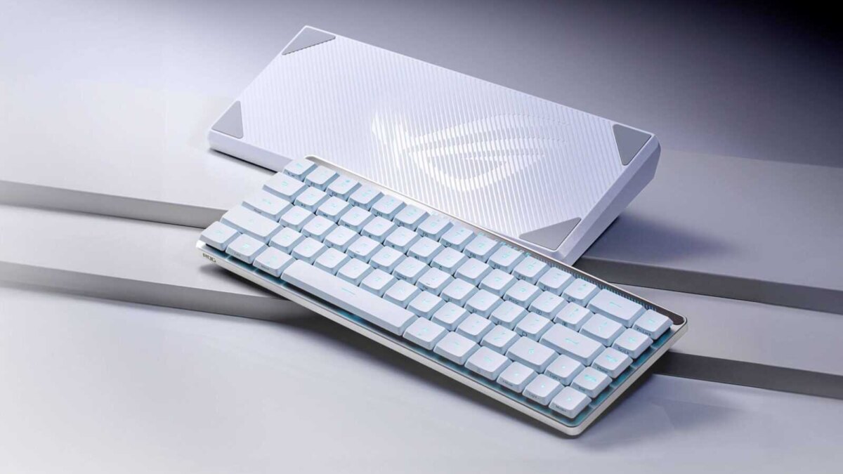 Игровая клавиатура ASUS ROG Falchion RX с белыми клавишами и подсветкой под углом
