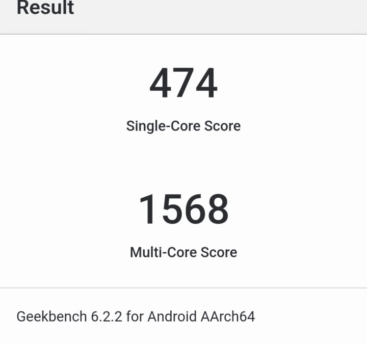 Результаты бенчмарка Geekbench 6 на смартфоне realme C67 отображают однопроцессорный и многопроцессорный баллы