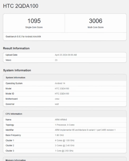 Штатная информация HTC 2QDA100 на Android 14