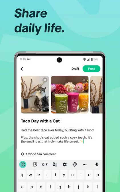 Экран смартфона с интерфейсом для публикации фото и текста под названием TikTok Notes
