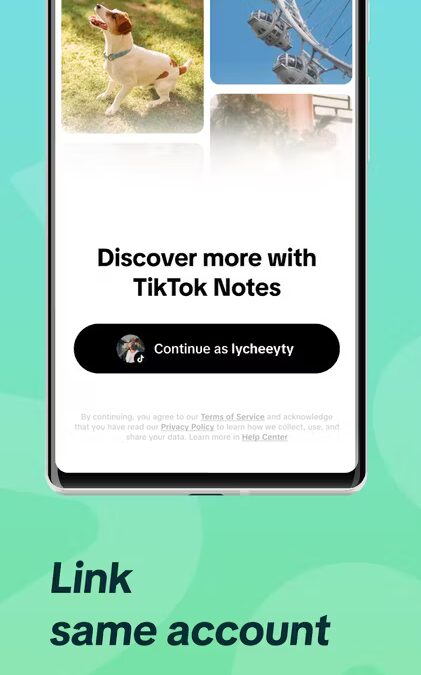 Экран смартфона с приложением TikTok Notes и кнопкой продолжения