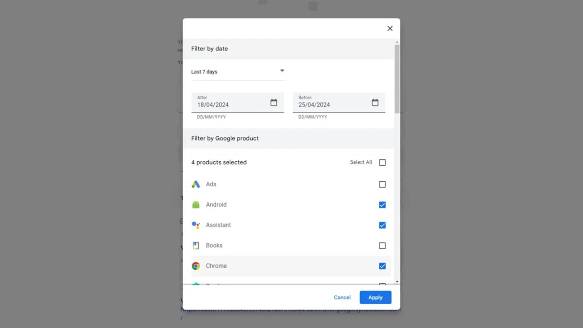Фильтр по дате и продуктам Google на экране