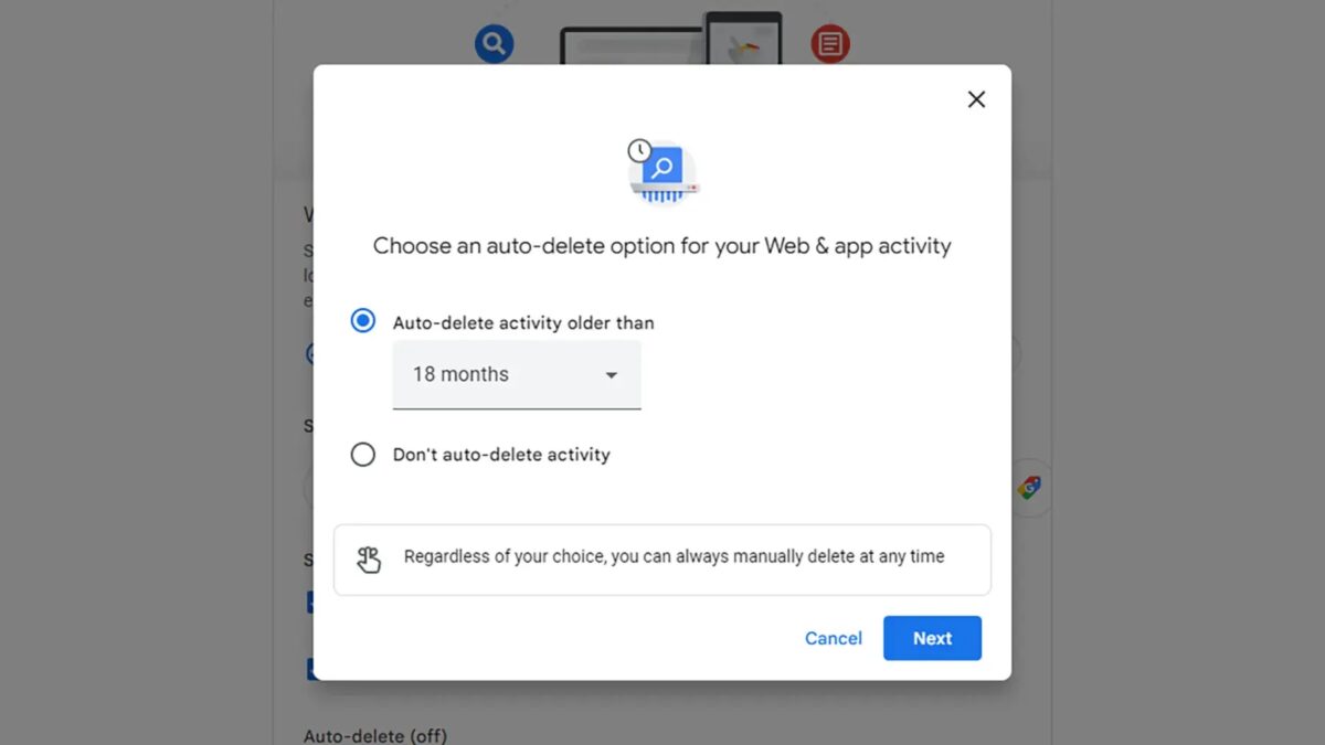 Диалоговое окно Google с настройками автоматического удаления данных