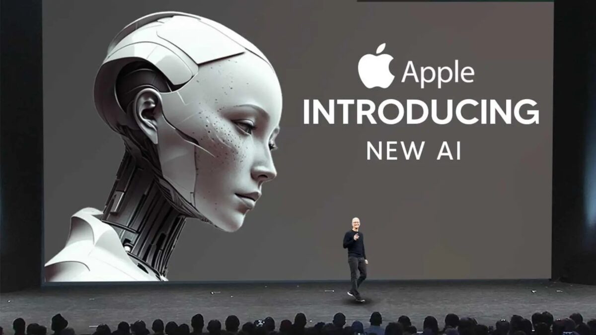 Презентация WWDC 2024 с изображением человека и большой демонстрационной панели