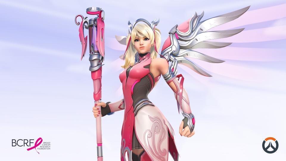 Персонаж в костюме Mercy с крыльями и посохом из Overwatch 2 для благотворительной акции