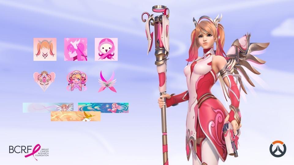 Персонаж в костюме Mercy Pink из Overwatch 2 с посохом и набором украшений