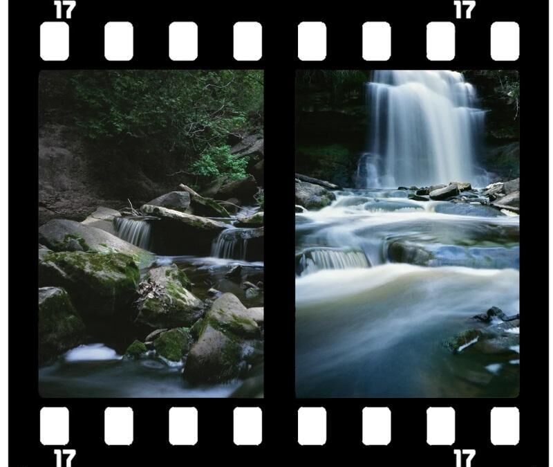 Фотография пейзажа с водопадами и камнями на пленочной камере Pentax 17