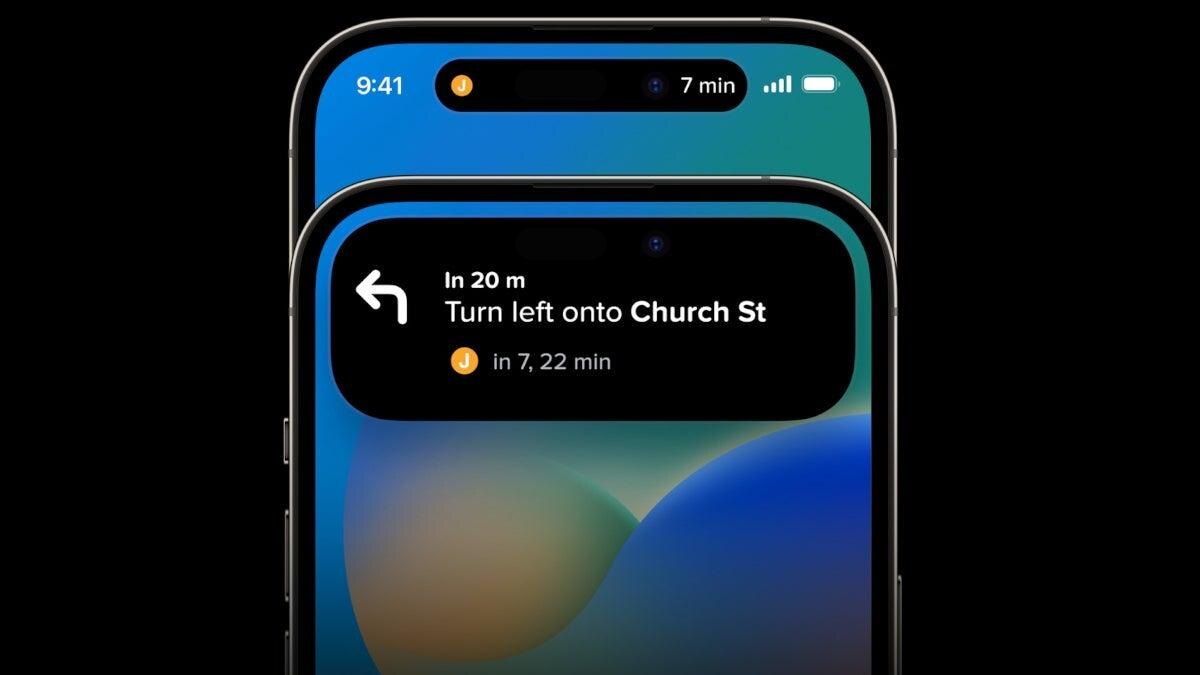 Экран iPhone с навигационным интерфейсом iOS 18: уведомление с временем и маршрутом