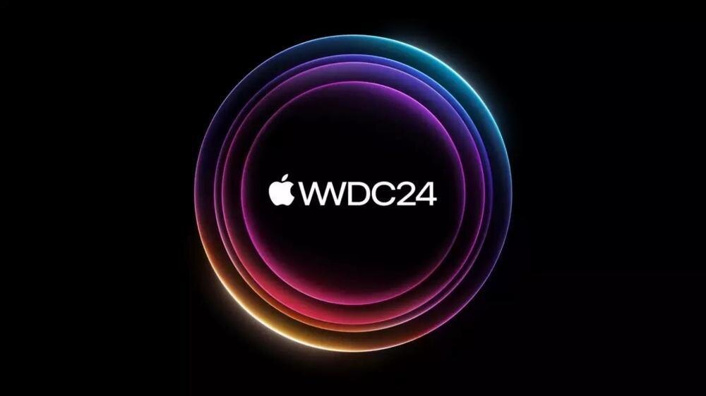 Логотипы Apple и WDC 2024 на черном фоне — обложка мероприятия WWDC 2024