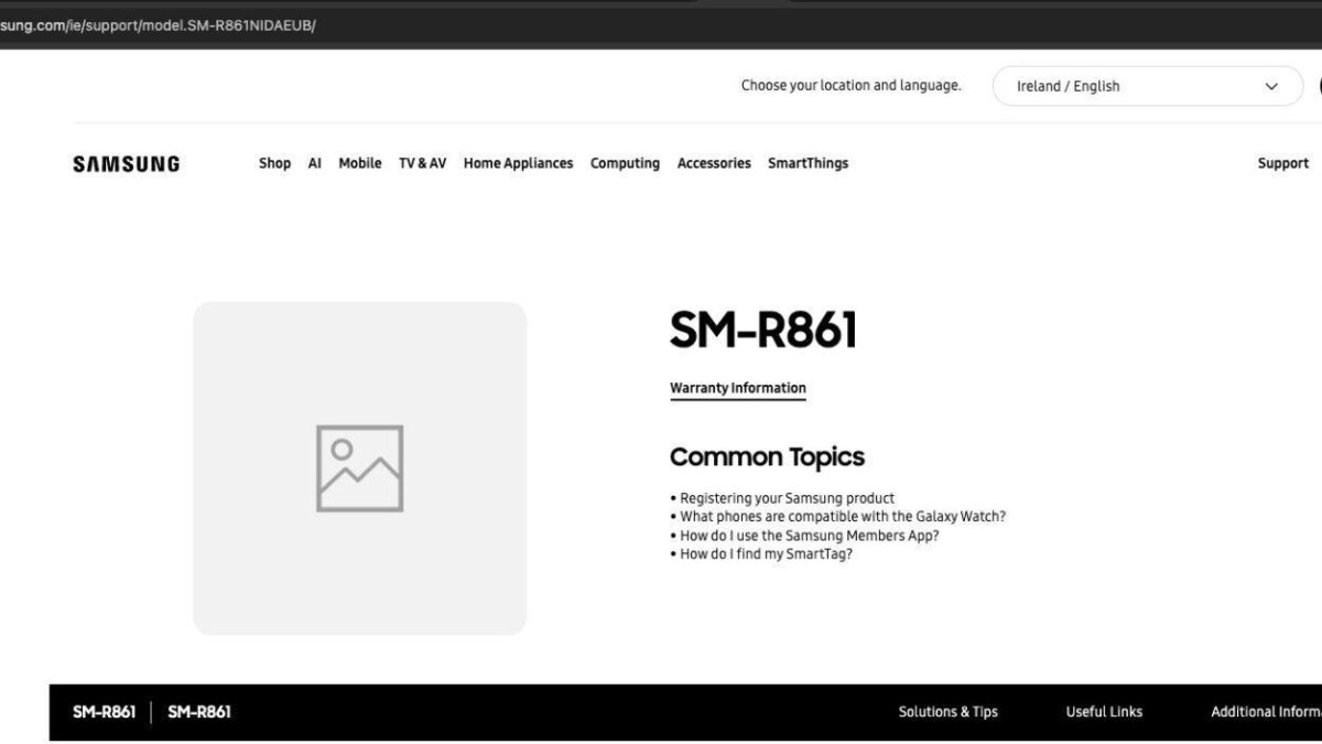 Экран сайта Samsung с информацией о SM-R861 и навигацией