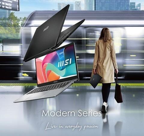 Ноутбук MSI из серии Modern с открытым дисплеем и клавиатурой вид с фронта