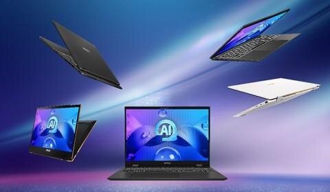 Пять ноутбуков MSI с разными углами и подсветкой экранов