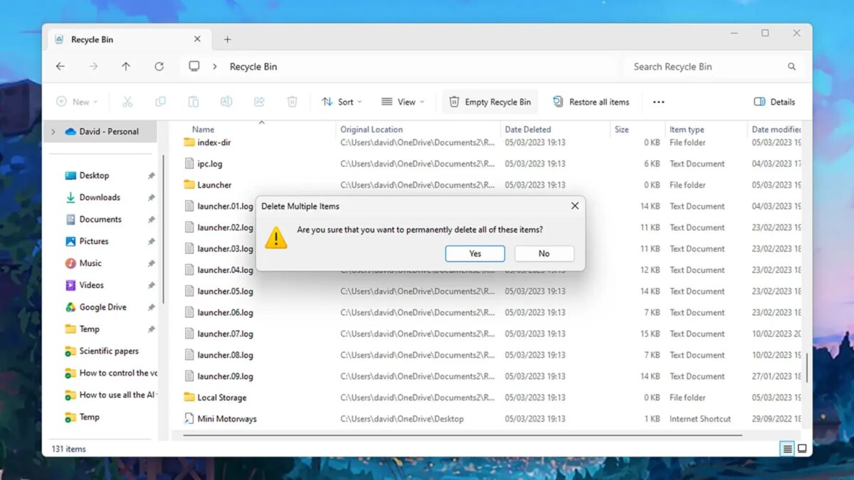 Осуществляется удаление нескольких файлов в Корзине Windows
