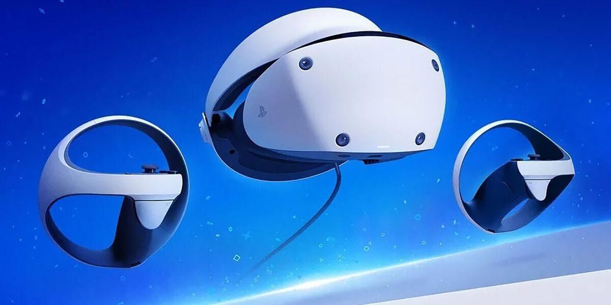 Шлем PlayStation VR2 и два контроллера PS VR2 на фоне космоса, официальное приложение для ПК в Steam