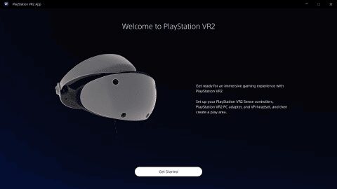 Начальная страница приложения PlayStation VR2 для ПК с изображением VR-шлема и кнопки «Начать»