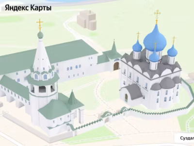 Яндекс Карты показывают Суздаль с Успенским собором и крепостными стенами