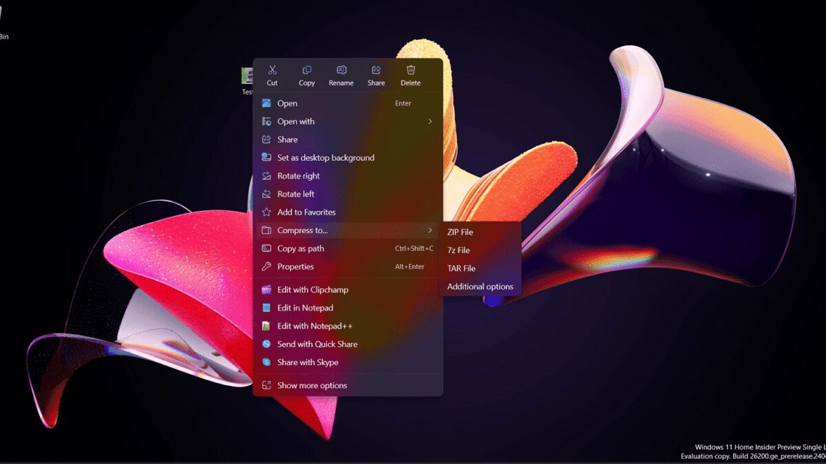 Меню контекстного меню Windows 11 с опциями архивации и свойств