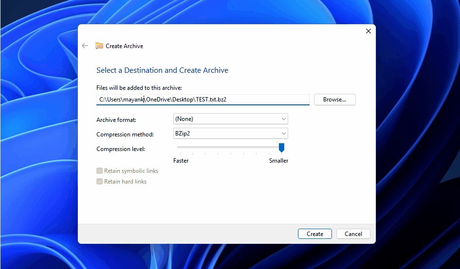 Диалоговое окно создания архива в Windows 11 с настройками сжатия файла TEST_txt.bz2