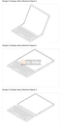 Изображение показывает складной растягиваемый гаджет Samsung с отсоединяемой клавиатурой с разных ракурсов