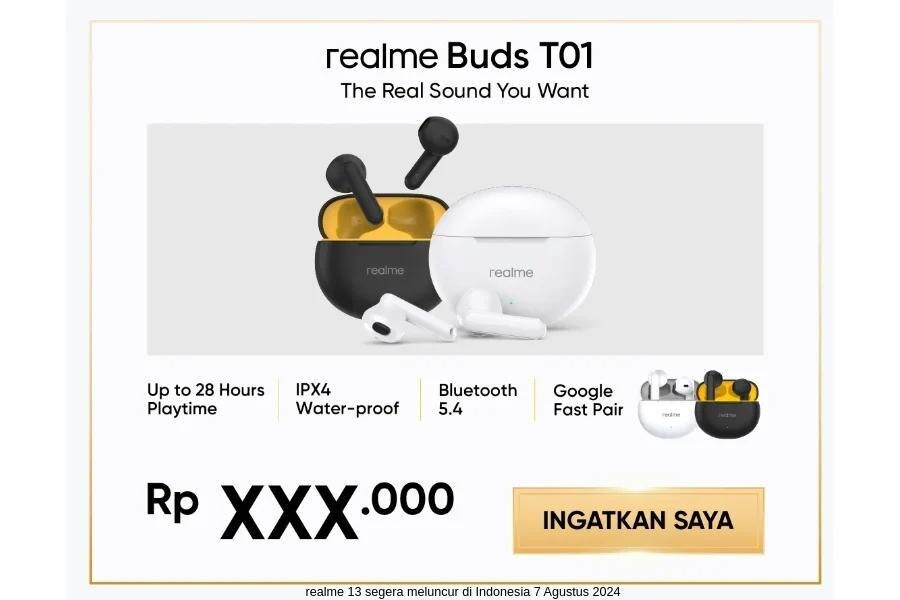 На изображении показаны наушники realme Buds T01 и их кейс с логотипом реального цвета с белой и черной версиями