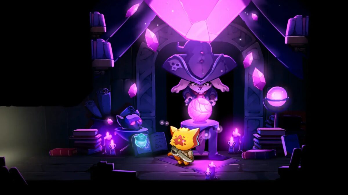 иллюстрация из игры Cat Quest 3, изображена волшебница перед магической книгой и кристаллами
