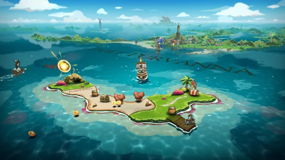 Иллюстрация карты из игры Cat Quest 3 с изображением пиратского острова и кораблей на фоне моря
