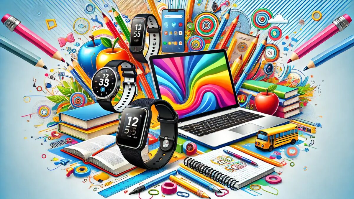 Снова в школу! 5 гаджетов, которые пригодятся ученикам 6 dall·e 2024 08 28 17.02.45 a colorful and dynamic back to school themed horizontal cover image featuring generic school gadgets like a laptop smartphone fitness tracker e rea