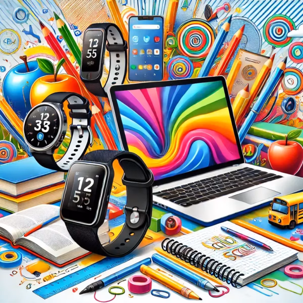 dall·e 2024 08 28 17.02.45 a colorful and dynamic back to school themed horizontal cover image featuring generic school gadgets like a laptop smartphone fitness tracker e rea