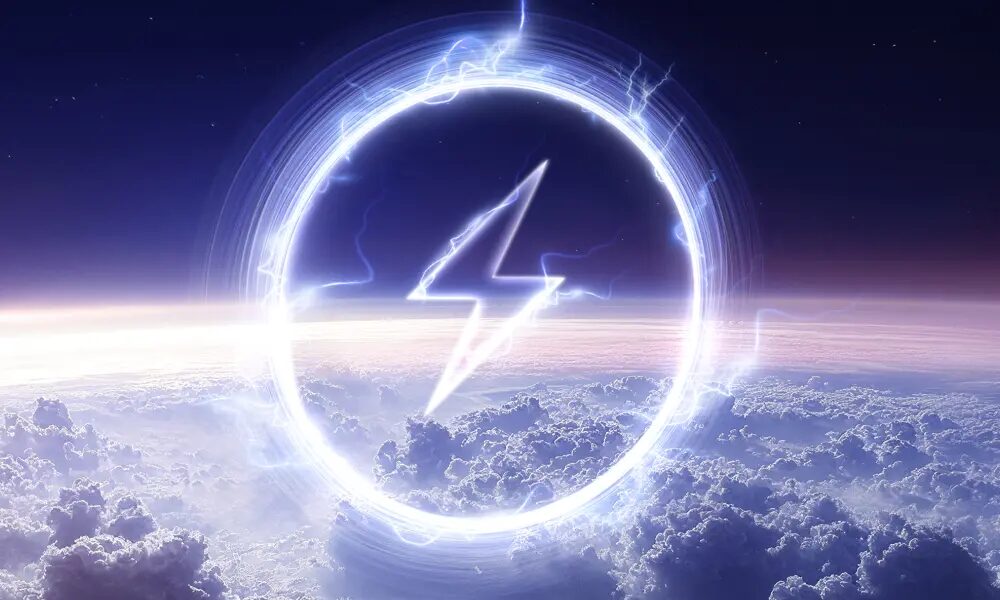 Схема зарядки Realme Supersonic Charge: молния в круге над облаками, демонстрация технологии быстрой зарядки