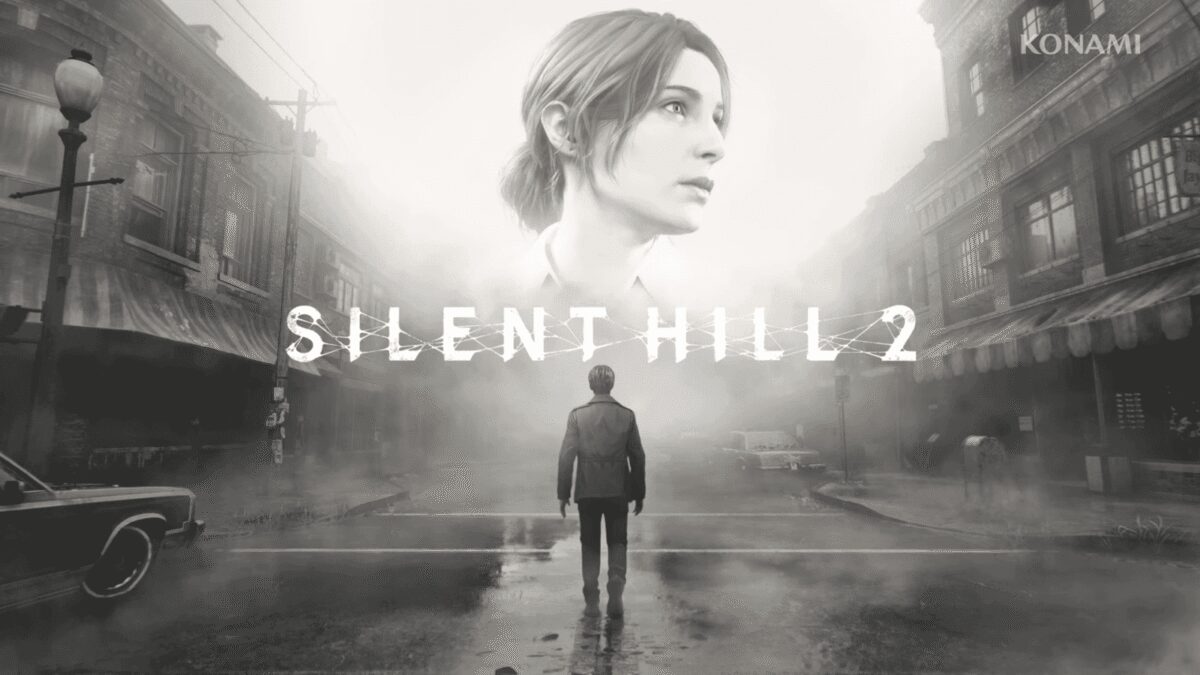 Черно-белый постер ремейка Silent Hill 2: женщина и мужчина на фоне зловещего города