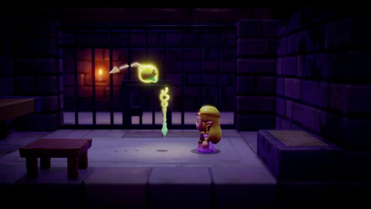 Игровой персонаж из игры Зельда заклинание на фоне темной камеры